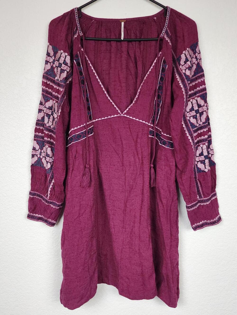 Free People Burgundy Long Sleeve Mini Boho Dress